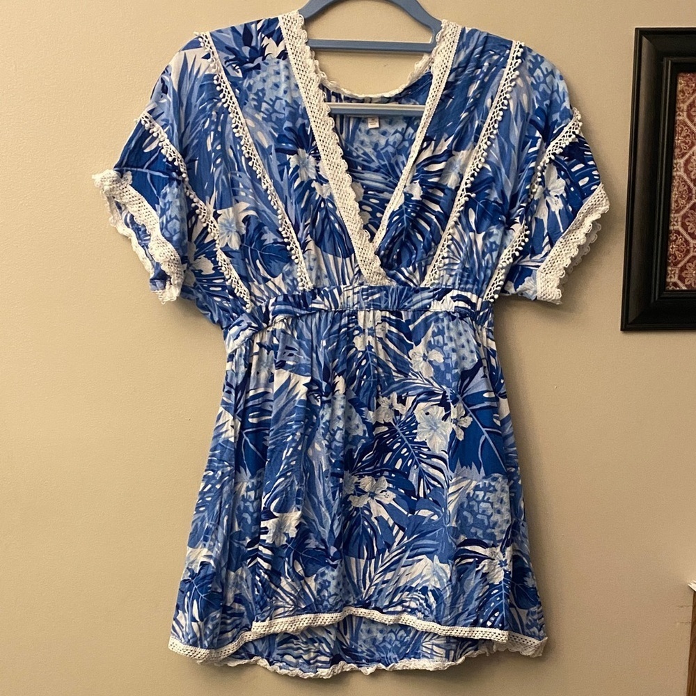 America & Beyond Blue and White Botanical Floral Dress with Lace Trim